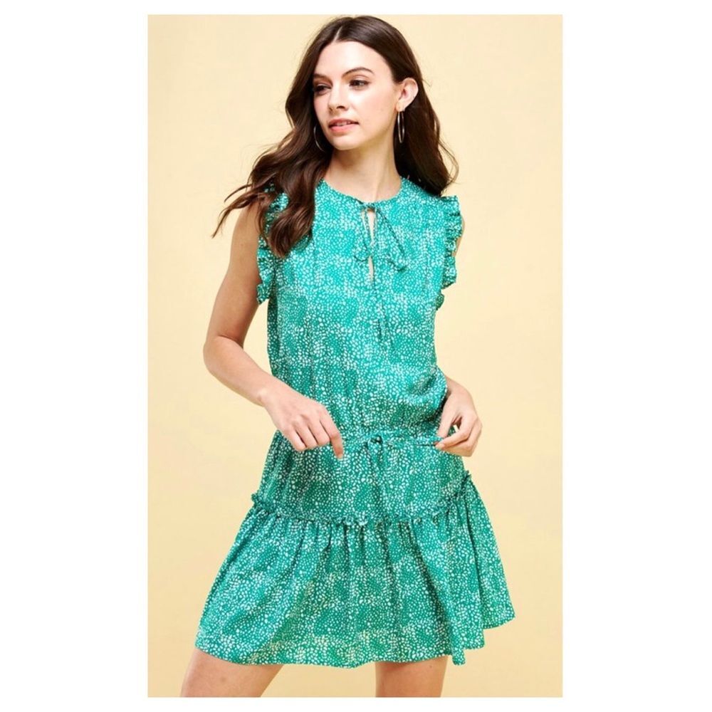 Pinch Green Floral Sleeveless Tiered Ruffle Hem Dress Drawstring Waist L
